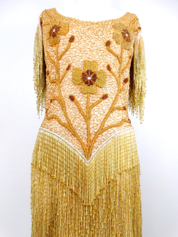 HEAVY Fringe Beaded Mini Dress // Glam Gold Haute… - image 2