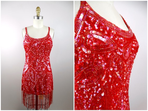 Red Sequin Fringe Beaded Flapper Mini // Vintage … - image 1