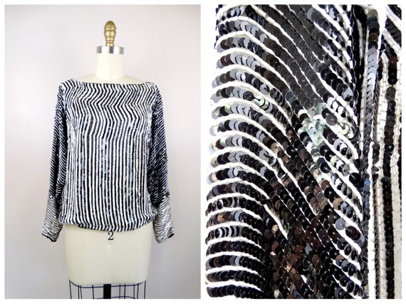 Heavily Beaded Blouse / Black and White Sequin To… - image 1