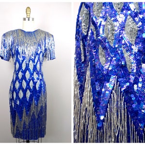 Heavy Beaded Fringe Dress / Blue and Silver Beaded Tassel Dress / Fringed Beaded Sequined 80s Party Dress