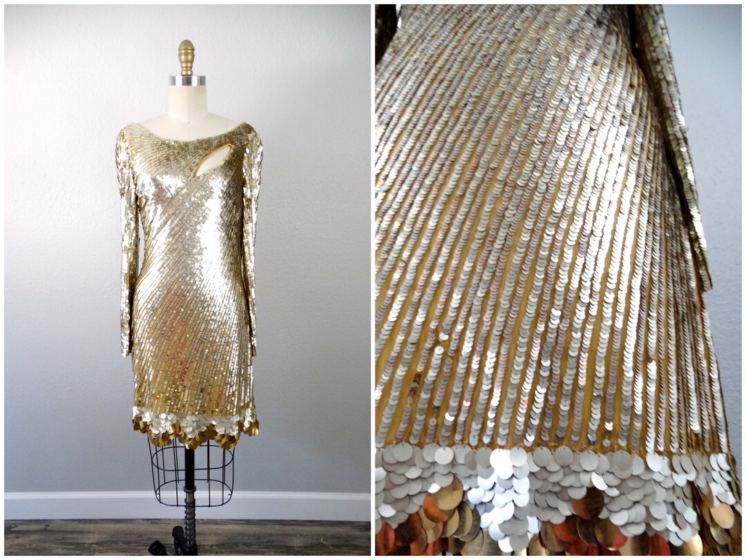 Gold Sequin Disc Dress // Glam Sequined Dress // Rose Gold Beaded ...