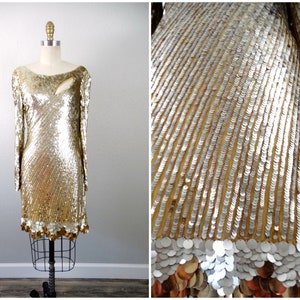 S/M Gold Sequin Disc Dress // Glam Sequined Dress // Rose Gold Beaded Sequin Dress // Long Sleeve Mini Dress