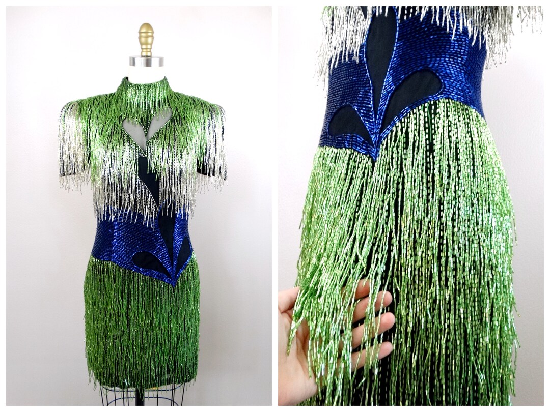 Haute Couture Fringe Beaded Mini Dress // All Over Fringed Beaded Dress Small S - Etsy