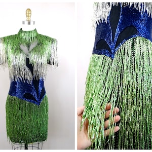XS/S Haute Couture Fringe Beaded Mini Dress // All Over Fringed Beaded Dress Small S
