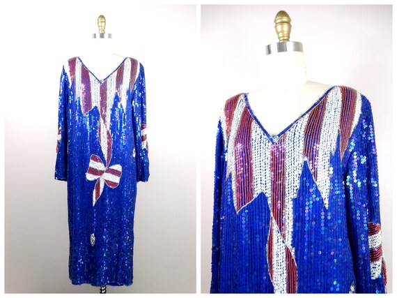 M/L Red White & Blue Sequin Dress // 1970’s Vinta… - image 1