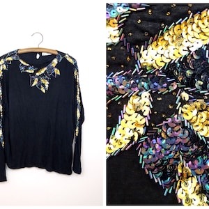 Plus Size Sequin Embellished Long Sleeved Stretchy Shirt / Oversized Black and Gold Beaded Sequined Sleeves Top