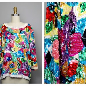 S/M Rainbow Sequin Top / Colorful Beaded Blouse / Silk Embellished Bright Multicolor Floral Top by Oleg Cassini