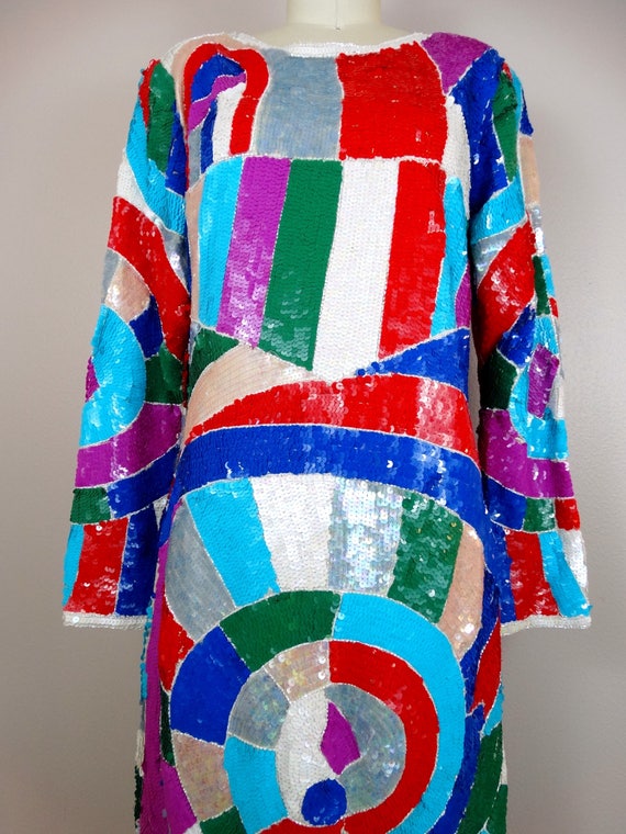 Psychedelic Bright Sequin Dress / Geometric Color… - image 2