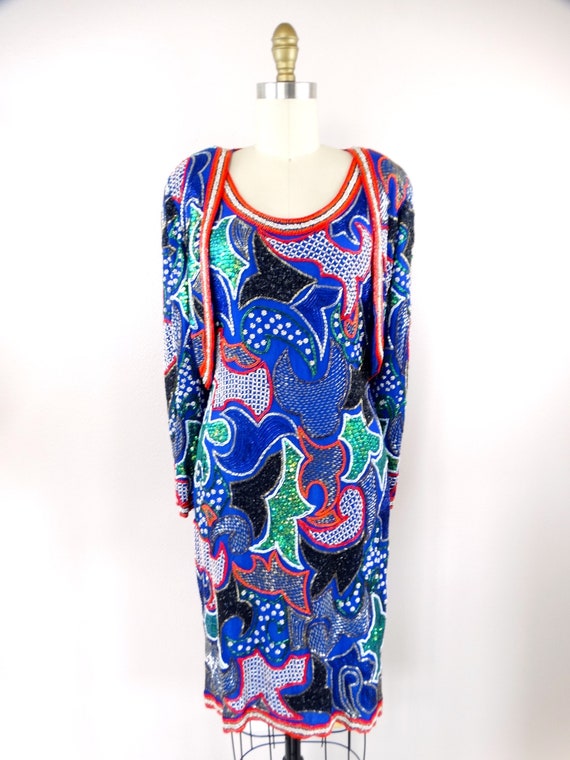 Bright Blue Neon Beaded Dress w/ Jacket // Vintag… - image 4