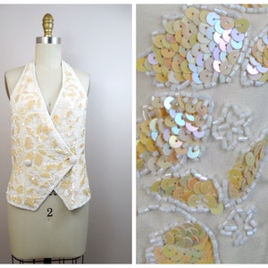 VTG Iridescent Sequined White Beaded Halter Top // Glass Beaded Bustier Vest Top // Ivory Silk Beaded Backless Top