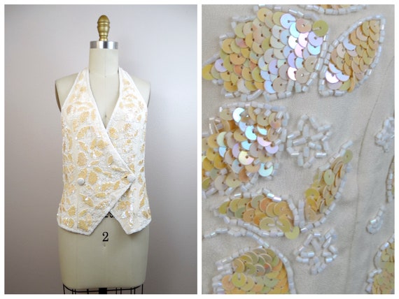 VTG Iridescent Sequined White Beaded Halter Top /… - image 1