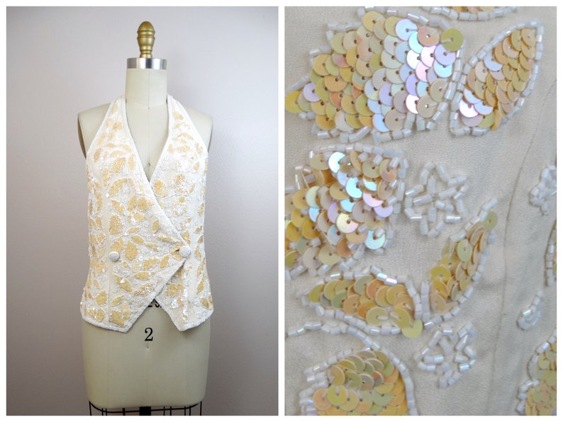 VTG Iridescent Sequined White Beaded Halter Top // Glass Beaded Bustier Vest Top // Ivory Silk Beaded Backless Top image 1