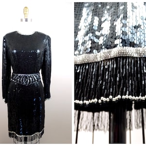 70s Judith Ann Sequin Fringe Beaded Dress / Vintage Black and Silver Beaded 1970’s Dress