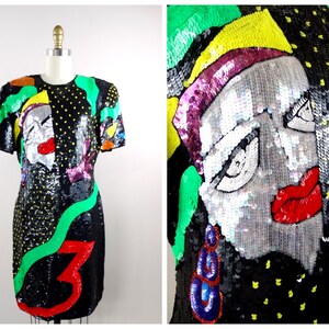 POP ART Funky Sequin Dress / RARE Retro Glam Sequined Novelty Dress / Vintage Fully Embellished Party Dress
