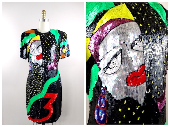 POP ART Funky Sequin Dress / RARE Retro Glam Sequ… - image 9