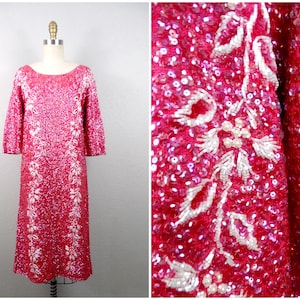 50s 60s Hot Pink Sequin Dress // Bright Magenta Iridescent Sequined Beaded Dress