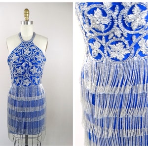 S/M Heavy Fringe Beaded Dress / Blue Halter Party Dress / Fringe Beaded Mini Dress / Silver Tassel Dress