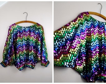 Vintage 70s Rainbow Sequin Blouse, Oversized Dolman Sleeve Top