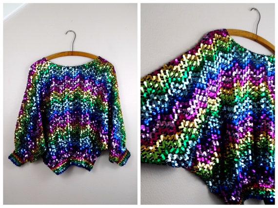 70s Rainbow Stripe Sequin Oversized Pullover Blou… - image 1