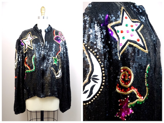 Moon & Stars Jewel Beaded Sequin Coat / Vintage S… - image 7