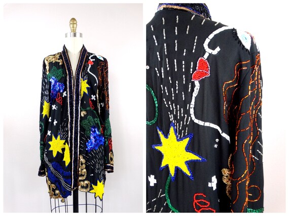 90's Funky Beaded Sequin Long Face Shrug / Bohemia