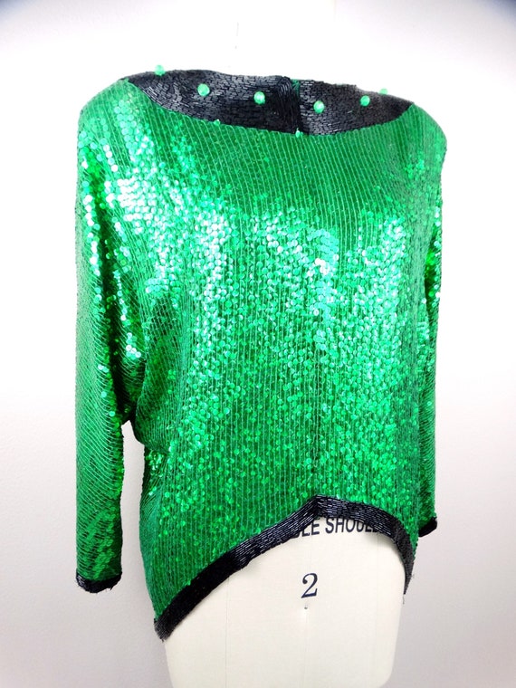 RARE Beaded Glam Bow Emerald Sequin Dolman // Vin… - image 3