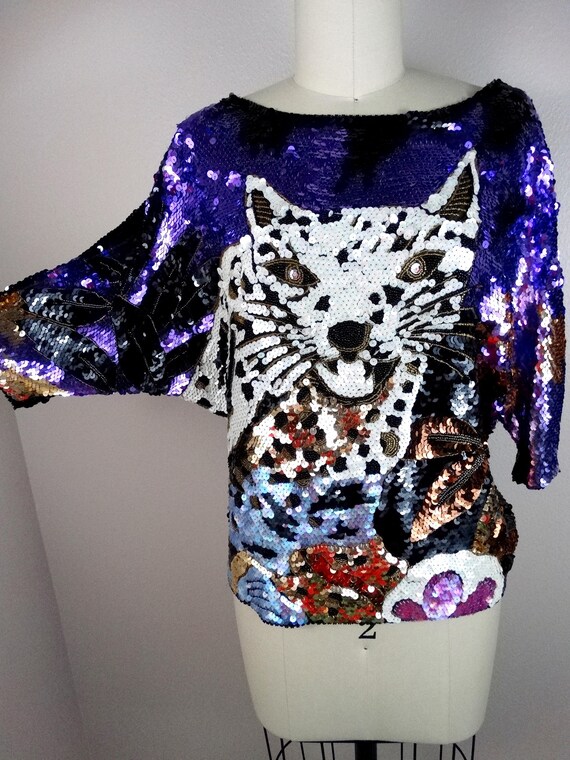 Wild Abstract Leopard Sequin Top / Funky Animal T… - image 4