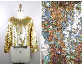 Holographic Gold Sequined Open Top / Flashy Iridescent Sparkly Cardigan