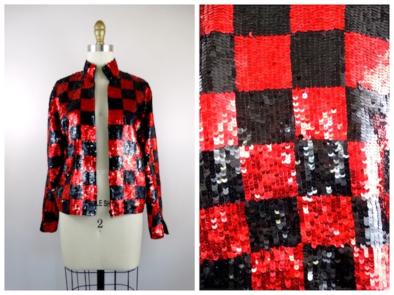 90's Mod Sequin Jacket // 1990s Retro Checkered Se