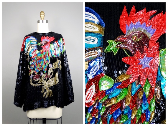 WILD Abstract Bird Beaded Sequined Blouse / Rainb… - image 1