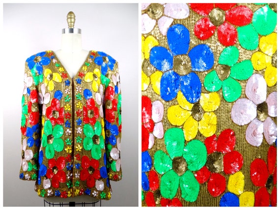 MOD Groovy Sequined Retro Floral Jacket // Bright Embellished Gold Jacket w/ Psychedelic Neon Flowers