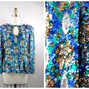 Sparkly Sequined Silk Top // Blue Green and Gold Beaded Bright Vintage Sequin Top