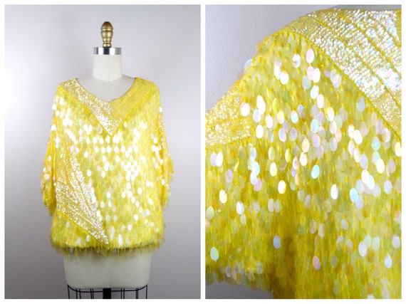 L/XL Bright Yellow Paillette Sequin Top / Iridesc… - image 1