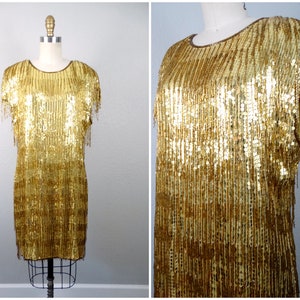 All Over Fringe Beaded Dress // Fringed Gold Sequin Embellished Mini Dress