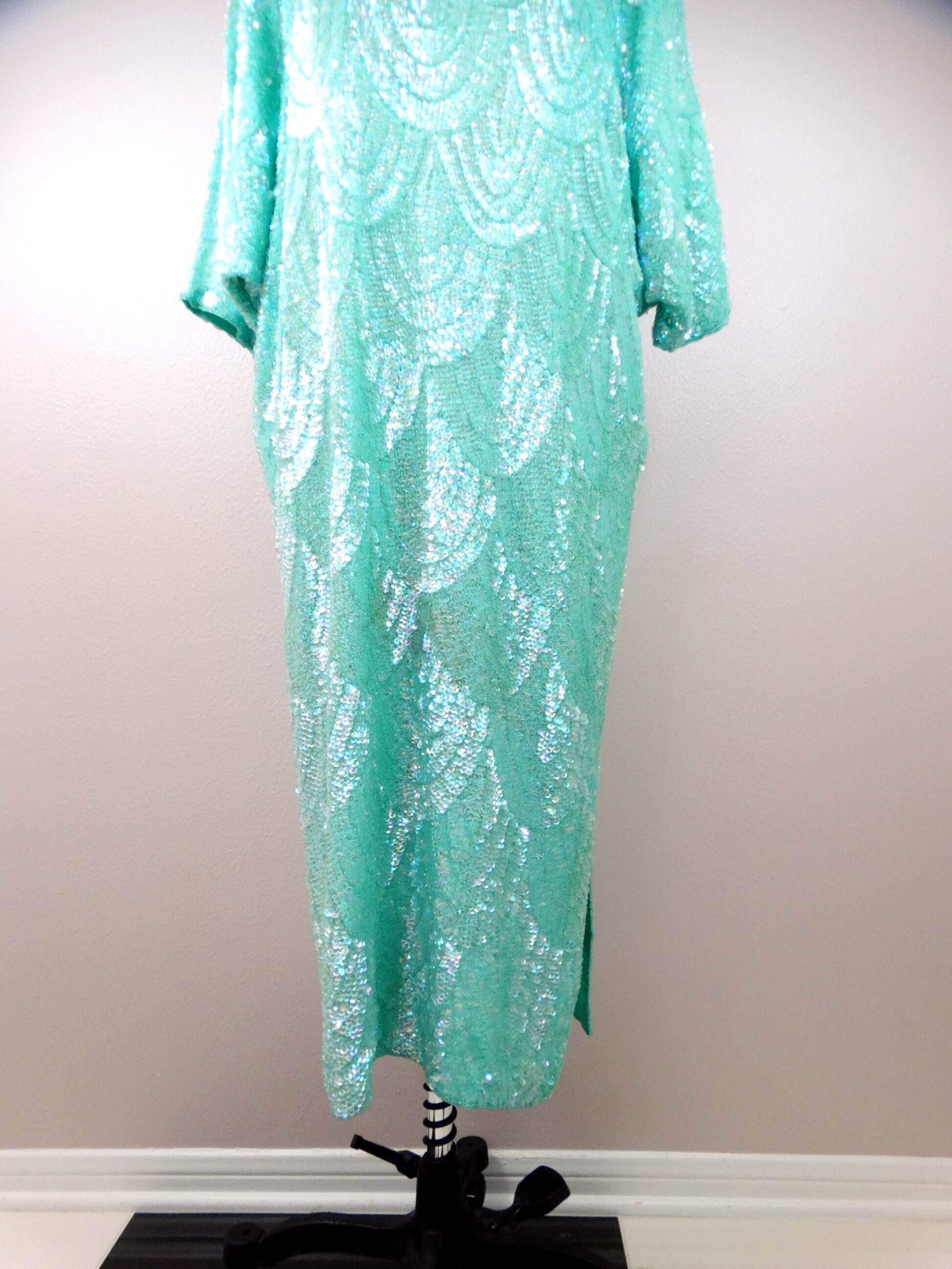 seafoam green sequin dress Green Sequin Draped Sleeve V-Neck Gown main image 0