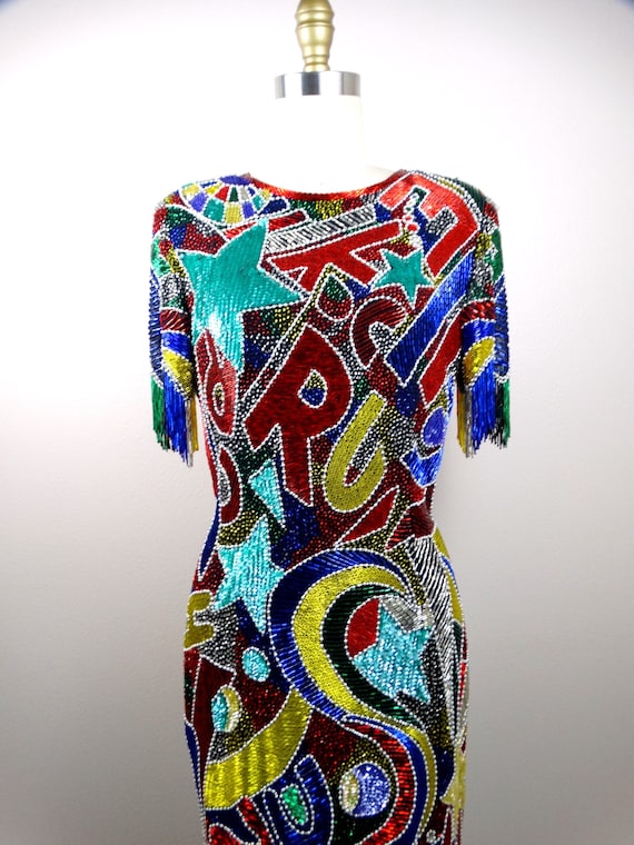 FUNKY Couture Fringe Beaded Dress // Rainbow Sequ… - image 2