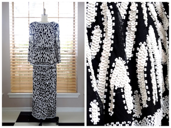 L | Vtg Sequined Beaded Peplum Dress / Black and W