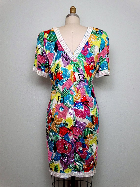 Abstract Floral Sequin Dress / Rare Bright Rainbo… - image 4