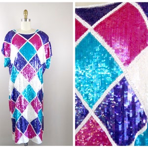 Plus Size Vintage Sequined Dress // Pink Purple Blue and White Sequin Beaded Party Dress // Women’s Fully Embellished Cocktail Dress