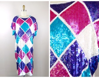 Plus Size Vintage Sequined Dress // Pink Purple Blue and White Sequin Beaded Party Dress // Women’s Fully Embellished Cocktail Dress