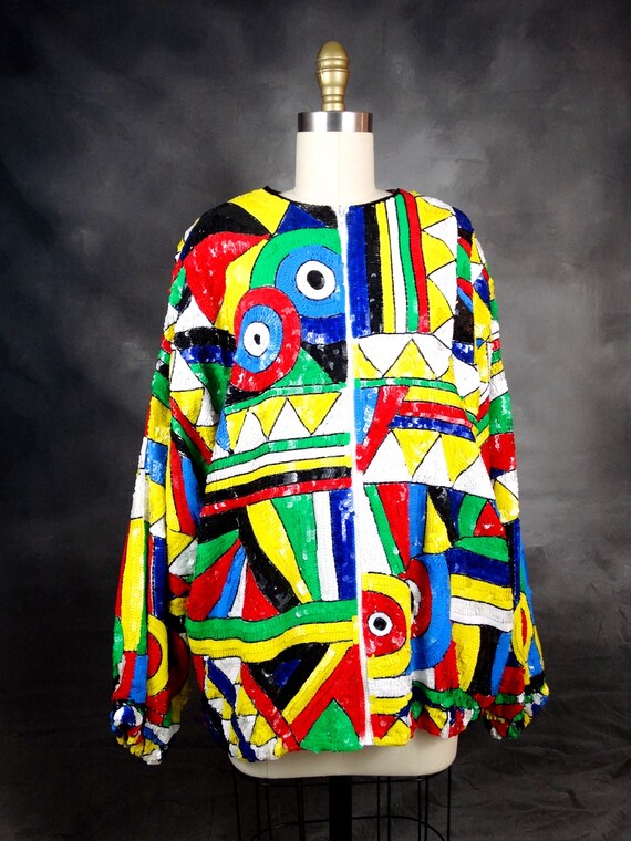 VTG Bright Sequin Coat // Retro Embellished Bombe… - image 3