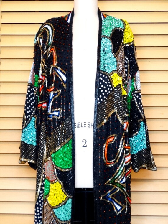 O/S Neon Sequin Duster Jacket / Hand Beaded Long … - image 2