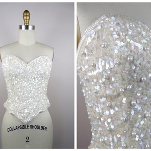 Couture Vintage Pearl Beaded Sequin Bustier // Iridescent Sequined Bridal Top Embellished w/ Pearls