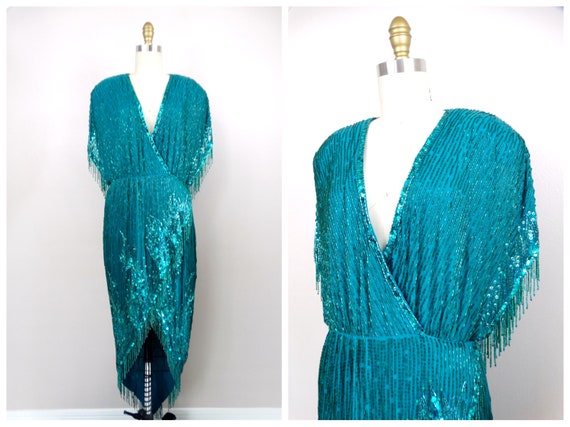 Bob Mackie Jewel Beaded Fringe Wrap Dress / Art D… - image 7