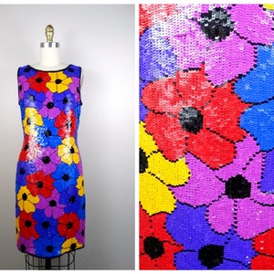 Psychedelic Sequin Dress / Retro Neon Floral Sequin Embellished Mini Dress / Bright Pink Purple Blue Red and Yellow Roses Sequined Dress image 1