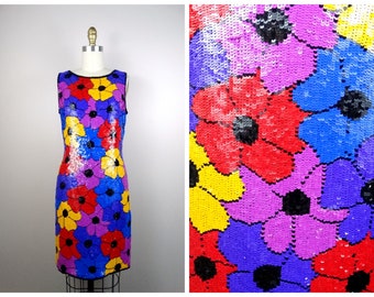 Psychedelic Sequin Dress / Retro Neon Floral Sequin Embellished Mini Dress / Bright Pink Purple Blue Red and Yellow Roses Sequined Dress