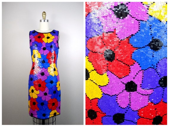 Psychedelic Sequin Dress / Retro Neon Floral Sequ… - image 1