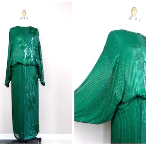 Emerald Green Sequin Beaded Gown / Kelly Green Full Length Silk Heavily Embellished Dress / Sequined Formal Gown