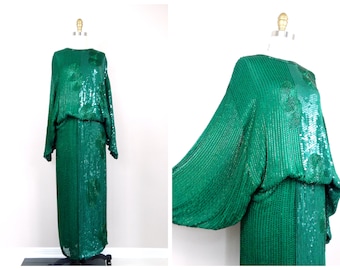 Emerald Green Sequin Beaded Gown / Kelly Green Full Length Silk Heavily Embellished Dress / Sequined Formal Gown