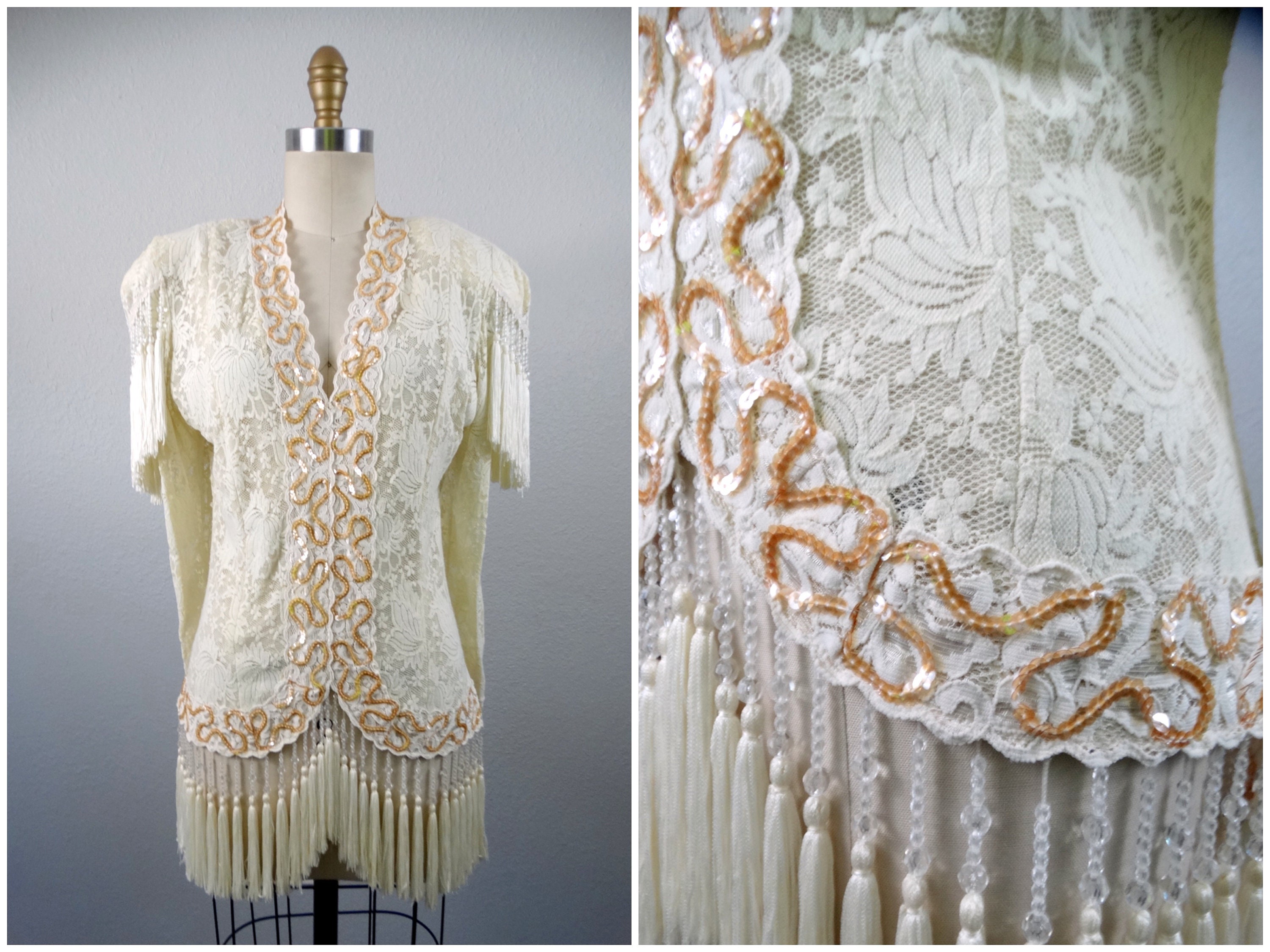 S/M Fringe Lace Sequin Long Top / Edwardian Ivory Tassel Beaded 